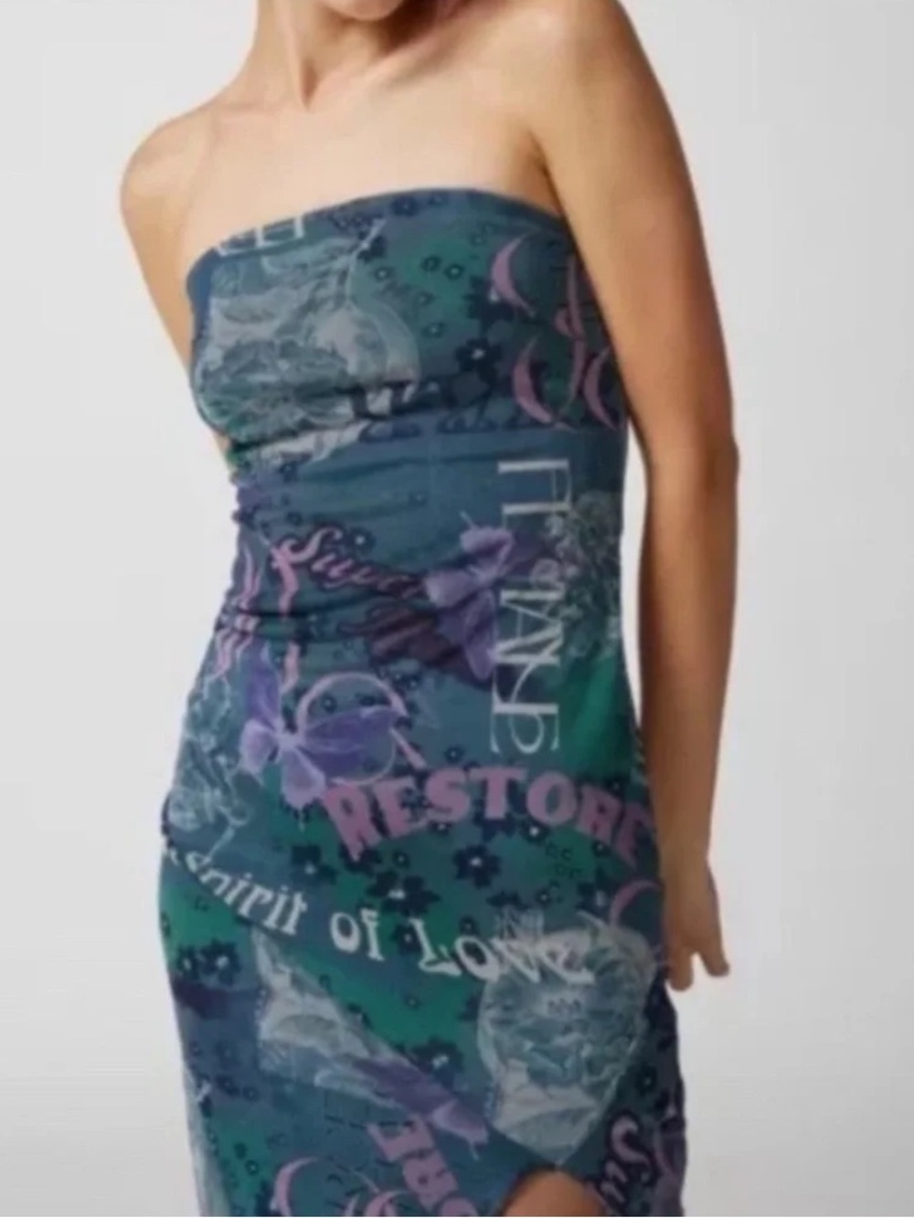 NWOTUrban Outfitters Samara Printed Mesh Strapless Slit Midi Dress S